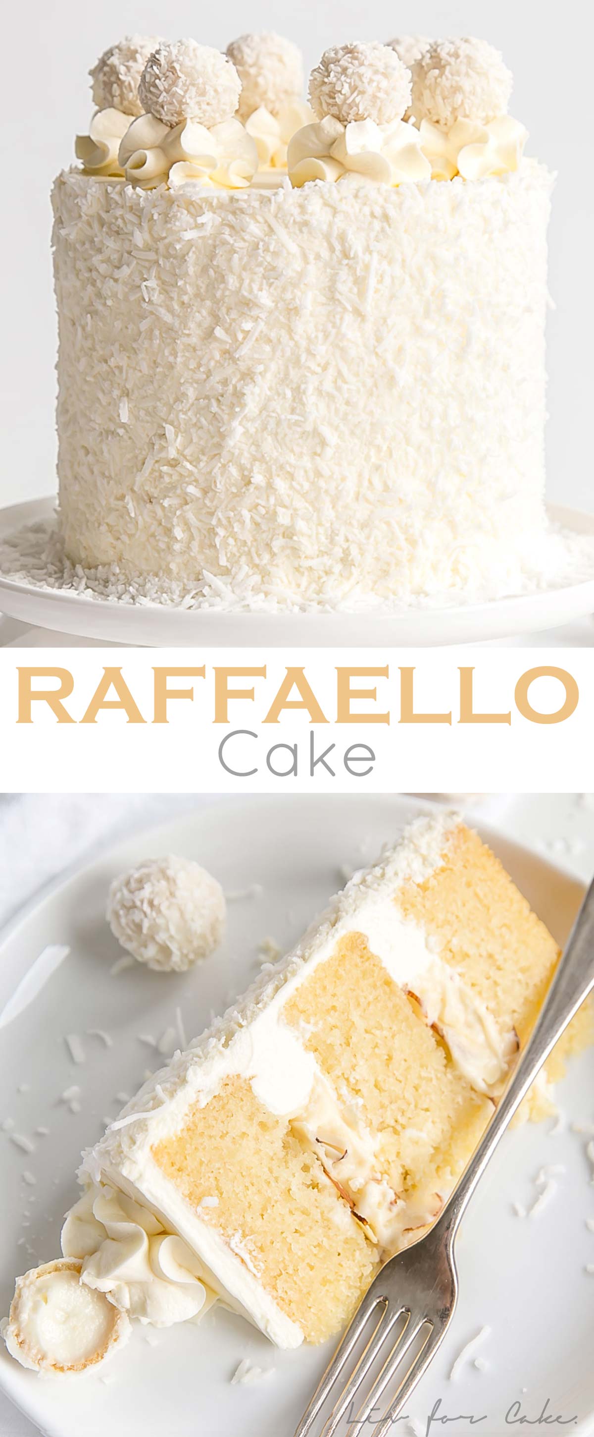 This Raffaello Cake is a coconut lover's dream! Layers of moist and tender almond cake, coconut custard, and coconut Swiss meringue buttercream.