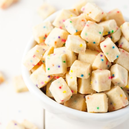 Shortbread bites in a small bowl.