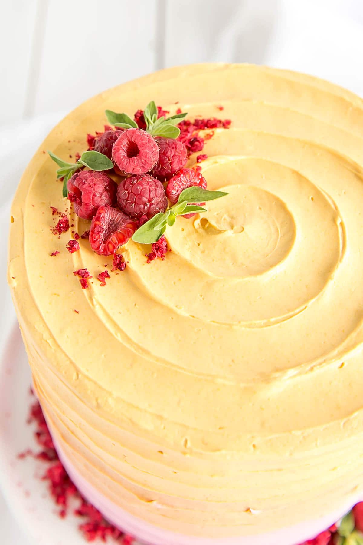 Close up of a Raspberry Mango Cake.