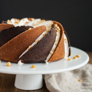 Bundt cake on a cake stand.