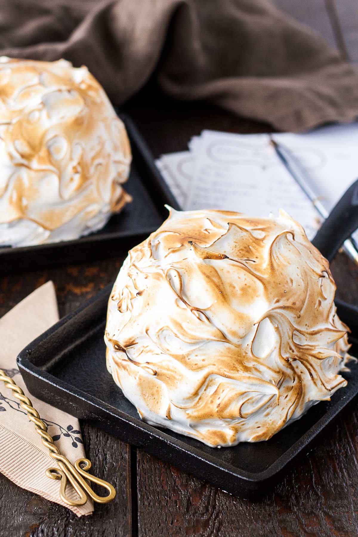 Baked alaska on a small cast iron skillet.