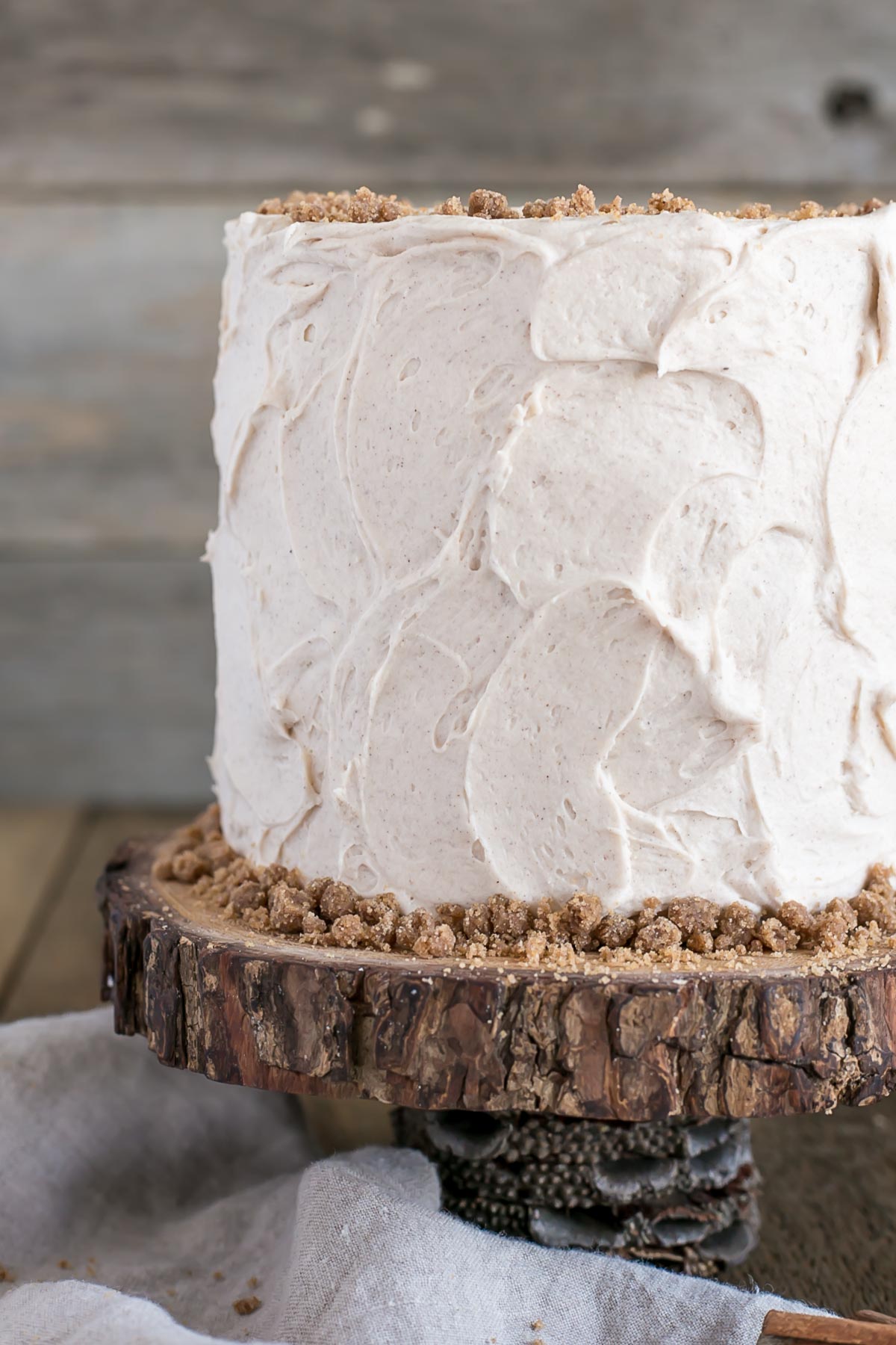 Close up of the rustic frosting on the side of the cake