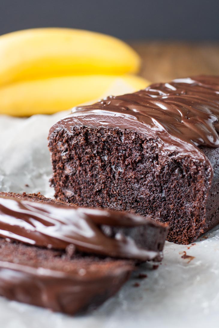 Close up of a cut chocolate banana bread.