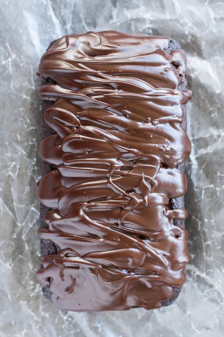 Overhead shot of the loaf with the chocolate glaze.