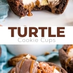 These Turtle Cookie Cups transform a candy confection into a delicious dessert! Chocolate cookie cups filled with homemade caramel, pecans, and caramel whipped cream. | livforcake.com