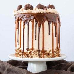 A cake sitting on top of a white cake stand.