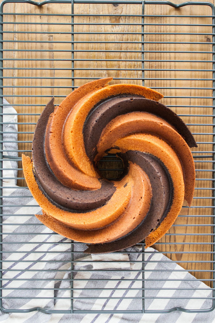 Cake turned out onto a cooling rack.