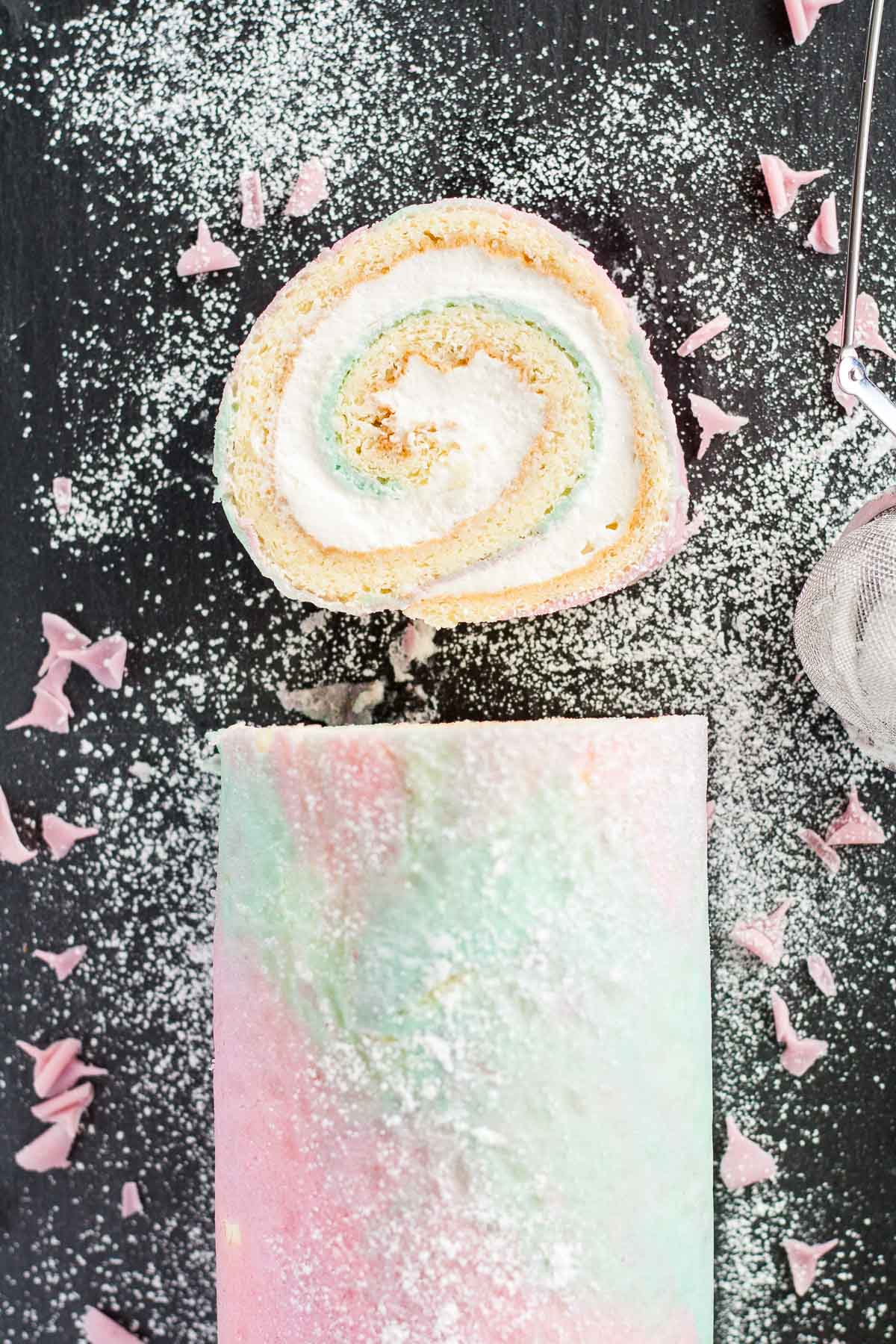 Slice of the watercolor cake roll.