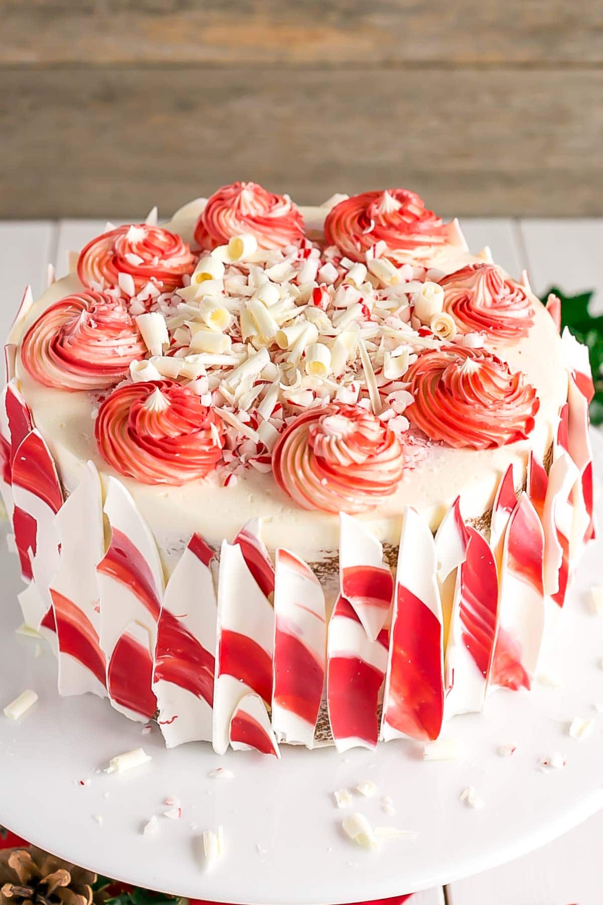 Angled shot showing two toned rosettes on the top of the cake.